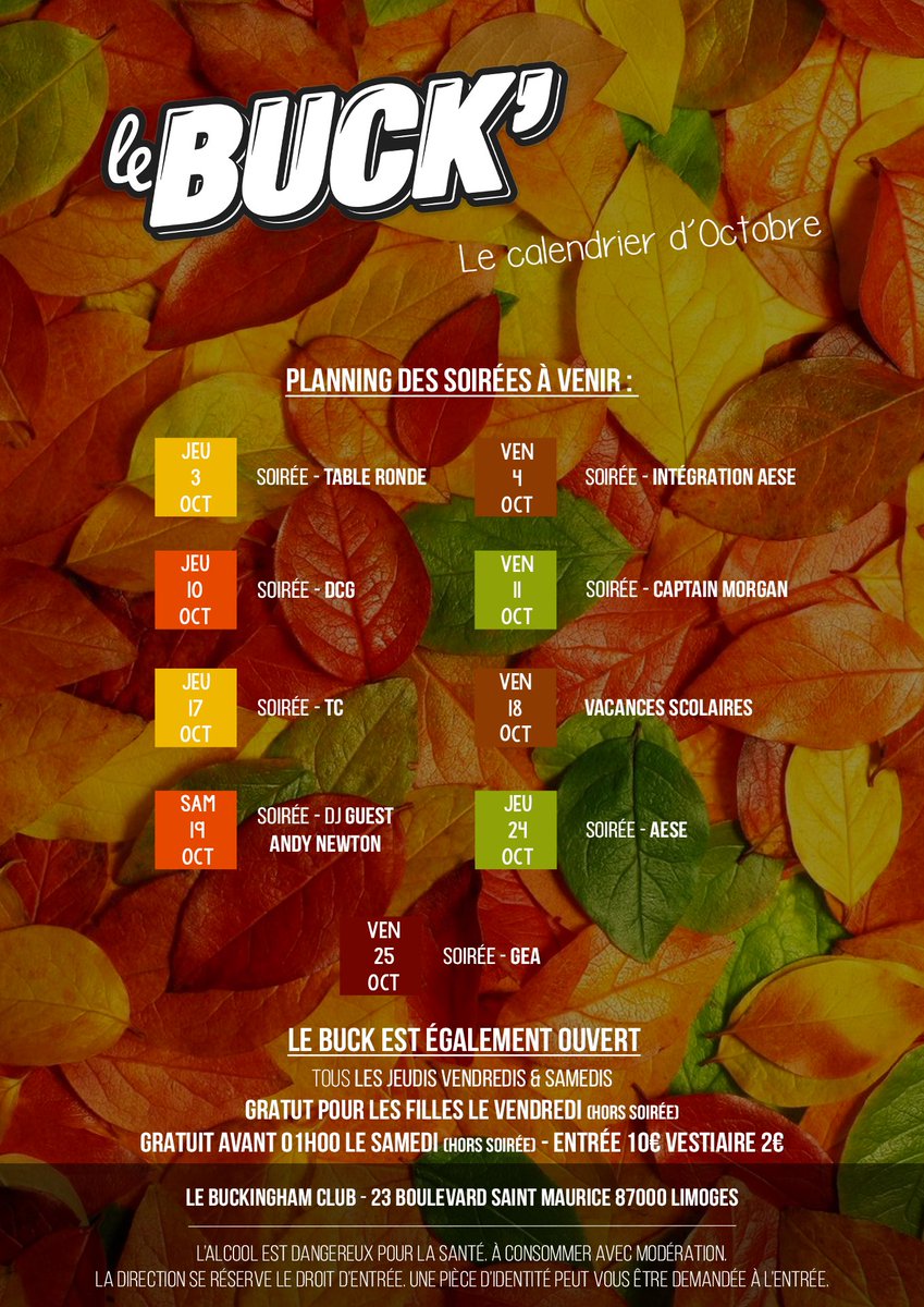 LeBuckLimoges's tweet photo. Encore un bon week-end en vue 🤩

📆 Jeudi 24 : Soirée « balance ta couleur » des AESE 

📆 Vendredi 25 : Soirée « body painting » des GEA 

📆 Samedi 26 : Buck’ des familles

@AnimationGEA @QuatreQuarante @Runandfunday20 https://t.co/8RBrVtixIc
