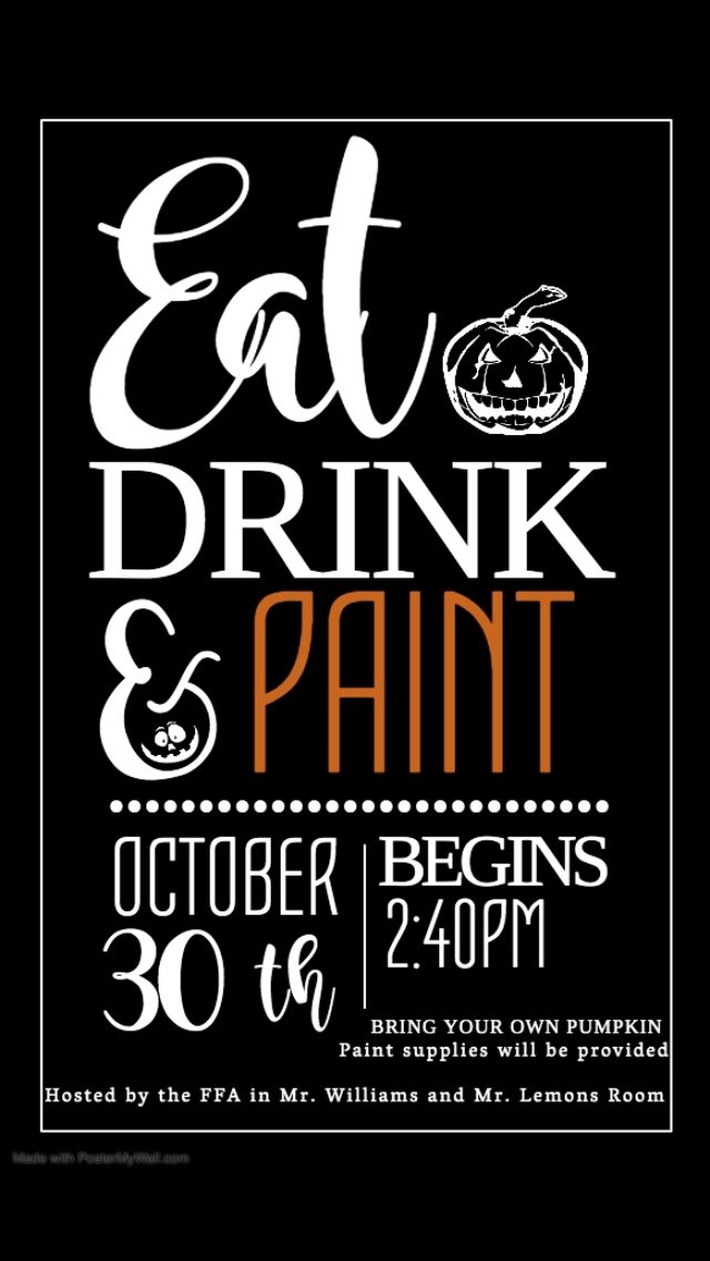 Come to our first FFA meeting on October 30th after school! Come for food and fun, and bring your own pumpkin to paint.