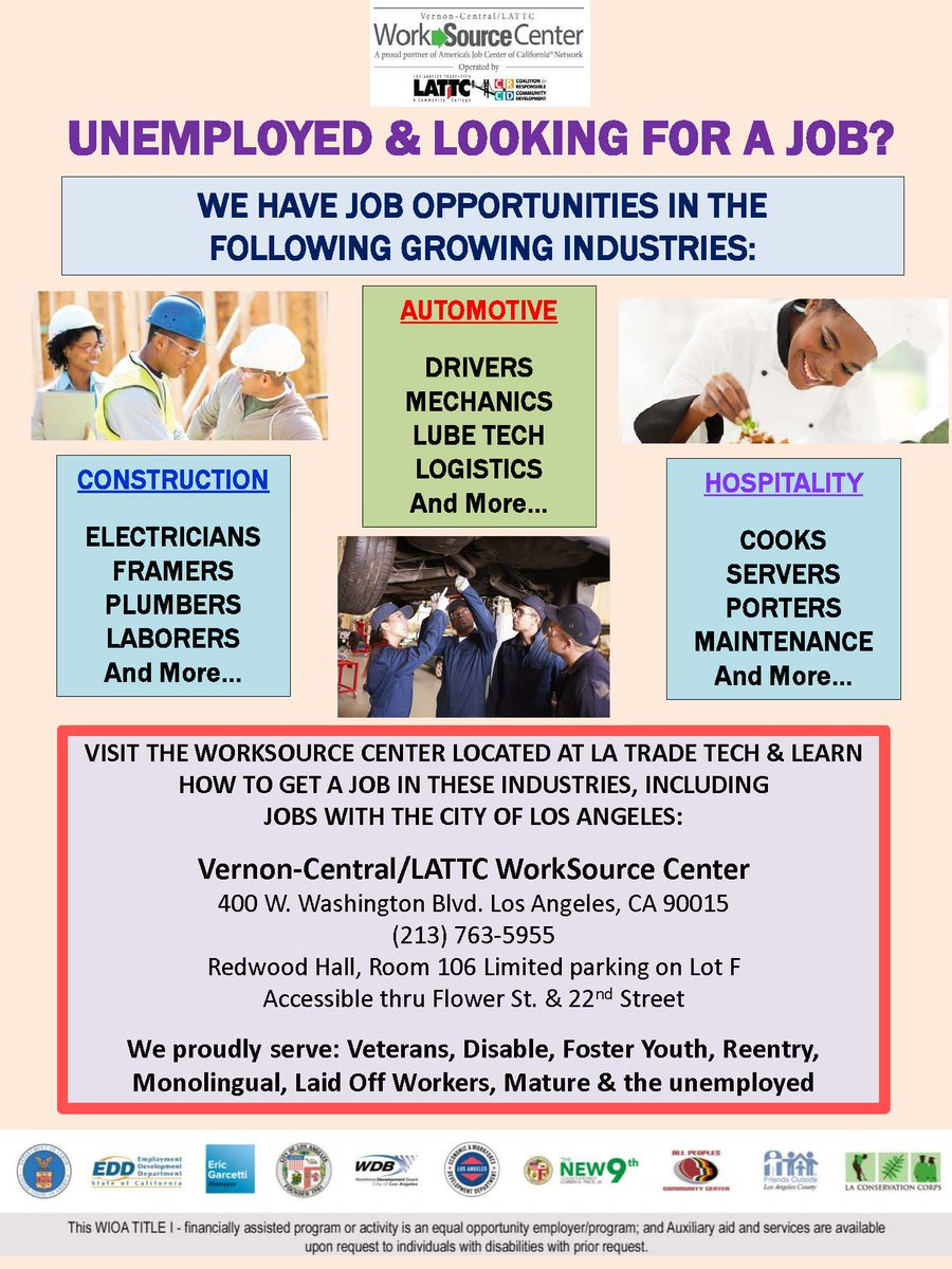 AllPeoplesLA's tweet photo. For more info, please contact WorkSource Career Coach Angel Garcia at agarcia@allpeoplescc.org or (213) 763-5944 #WorkSourceCenter https://t.co/gP4a4I5yFv