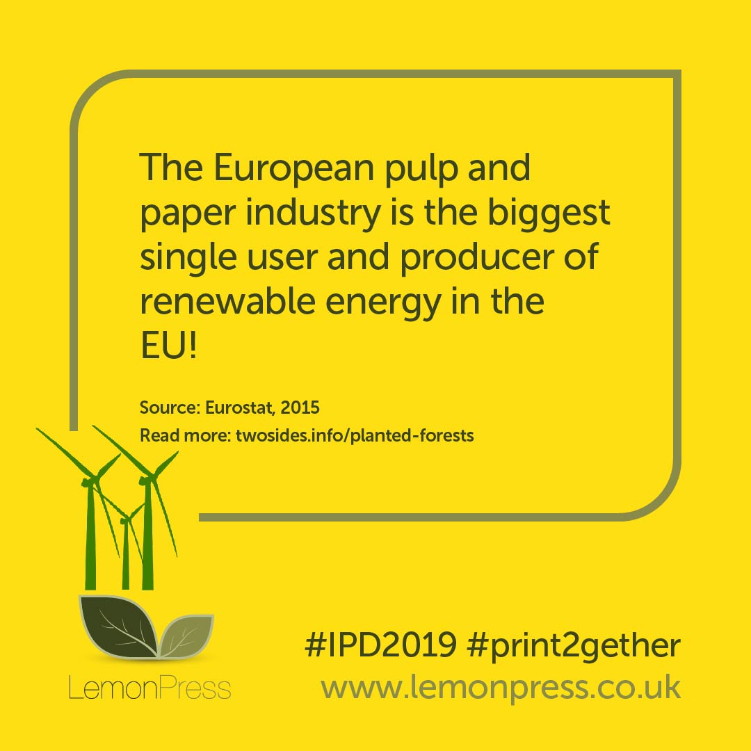The European pulp and paper industry is the biggest single user and producer of renewable energy in the EU!

Read more: twosides.info/myths-and-facts

#InternationalPrintDay #IPD2019 #print2gether #renewableenergy #print #paper #environment