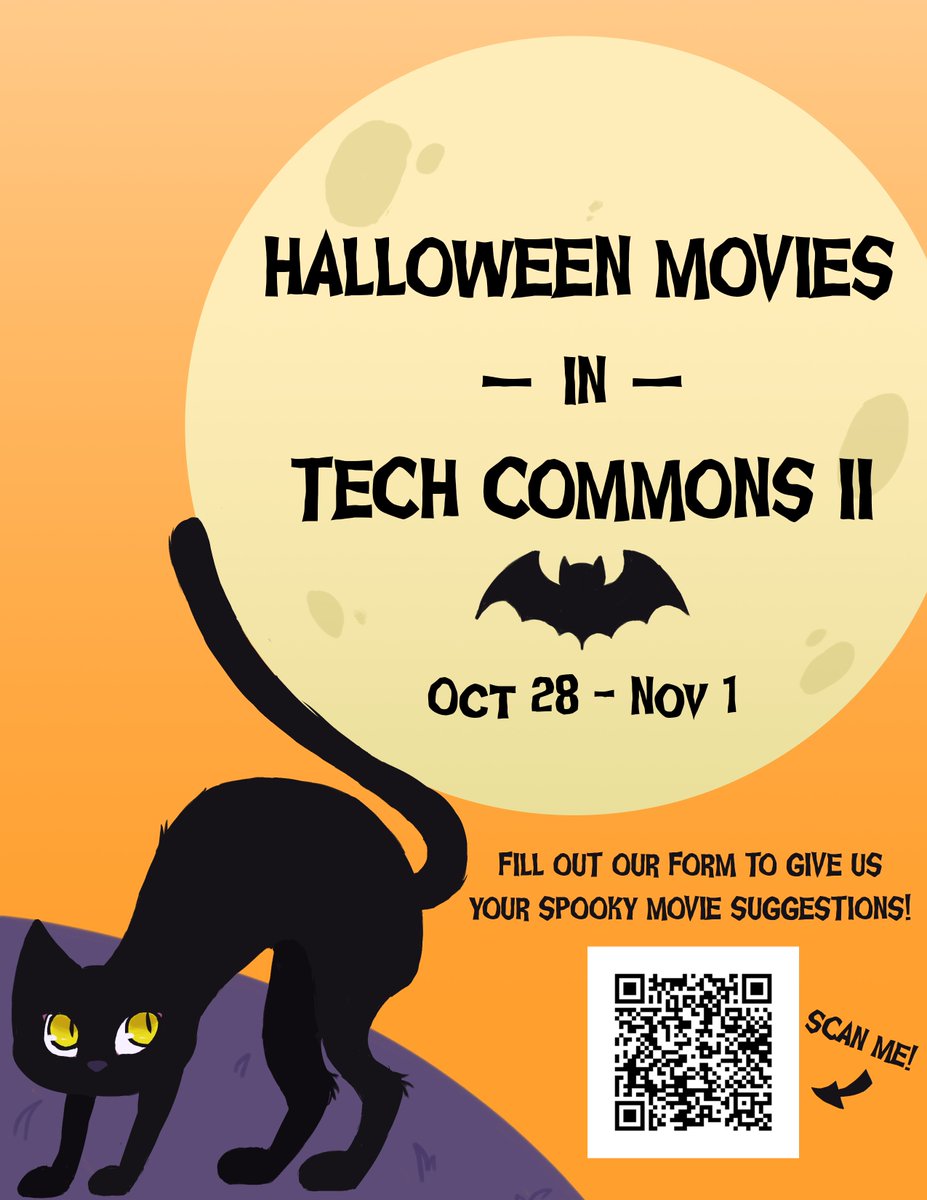 Halloween is just around the corner!  👻

We'd love to hear more suggestions from you all on which Halloween movies we should play in the Tech Commons II lounge area next week! Just fill out this form: 
ow.ly/a62O50wRCEY