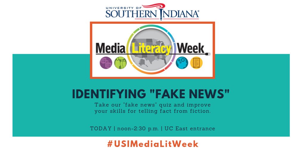 USIMediaLitWeek's tweet photo. We're giving the "fake news" quiz today from noon to 2:30 p.m. inside UC East @usiedu. Take the quiz, compare your results with others, and challenge your friends on social to test their skills. #USIMediaLitWeek https://t.co/HwNS8VgDIu