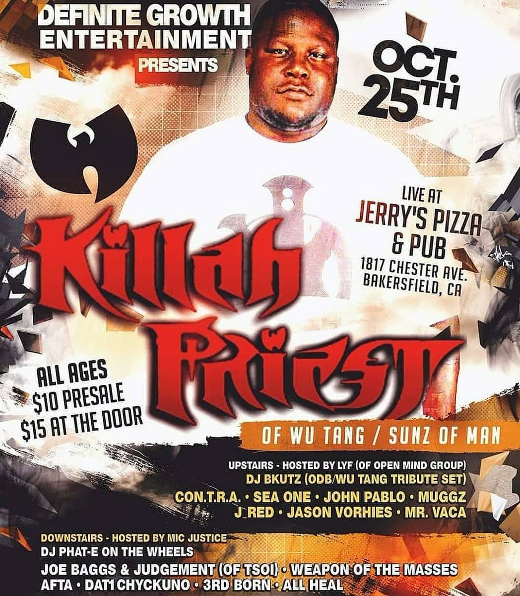 COLACREW1's tweet photo. Live this Friday in Bakersfield CA!
Weapon of the Masses... π₯
Definate Growth Entertainment presents @KillahPriest @WuTangClan @joebaggstsoi
#hiphop #hiphopculture #hiphopnation #hiphopheads #hiphopjunkies #livehiphop #COLACREW #undergroundhiphop https://t.co/ffbeVDf5Uv