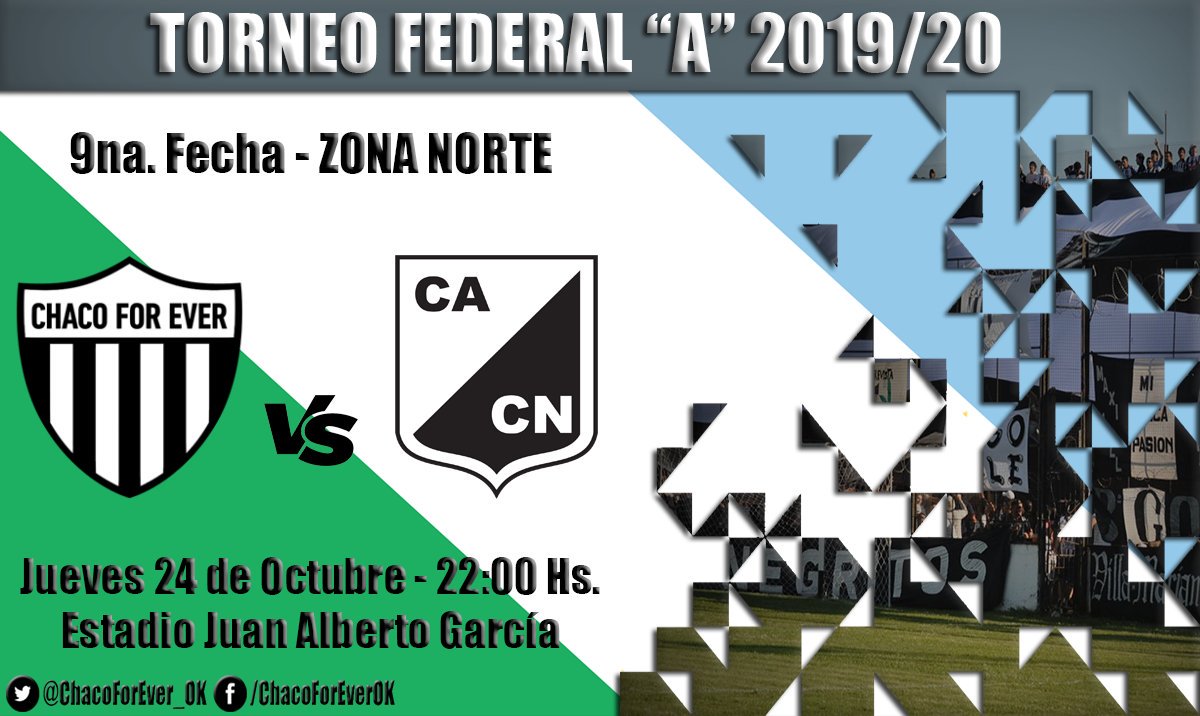 #TorneoFederalA ⚽

Chaco For Ever 🆚 Central Norte

📅 Jueves 24 de Octubre
⏰ 22:00 Hs.
🏟 Estadio Juan Alberto García