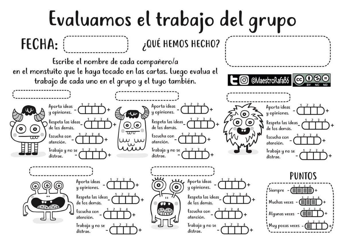 MaestroRafa86's tweet photo. Rúbrica para coevaluación y autoevaluación del trabajo cooperativo. Se reparte previamente al azar las tarjetas de monstruitos y luego cada uno se evalúa a sí mismo y al resto de su equipo. https://t.co/9ifkvFwjaq