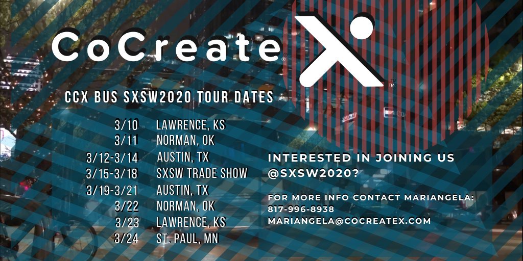 Interested in joining <a href="/CoCreateX/">CoCreateX</a> next year <a href="/sxsw/">SXSW</a> ... 📅Checkout the #CCX_BUS tour schedule for #SXSW2020 🚍 #TapThePowerOfCommunities