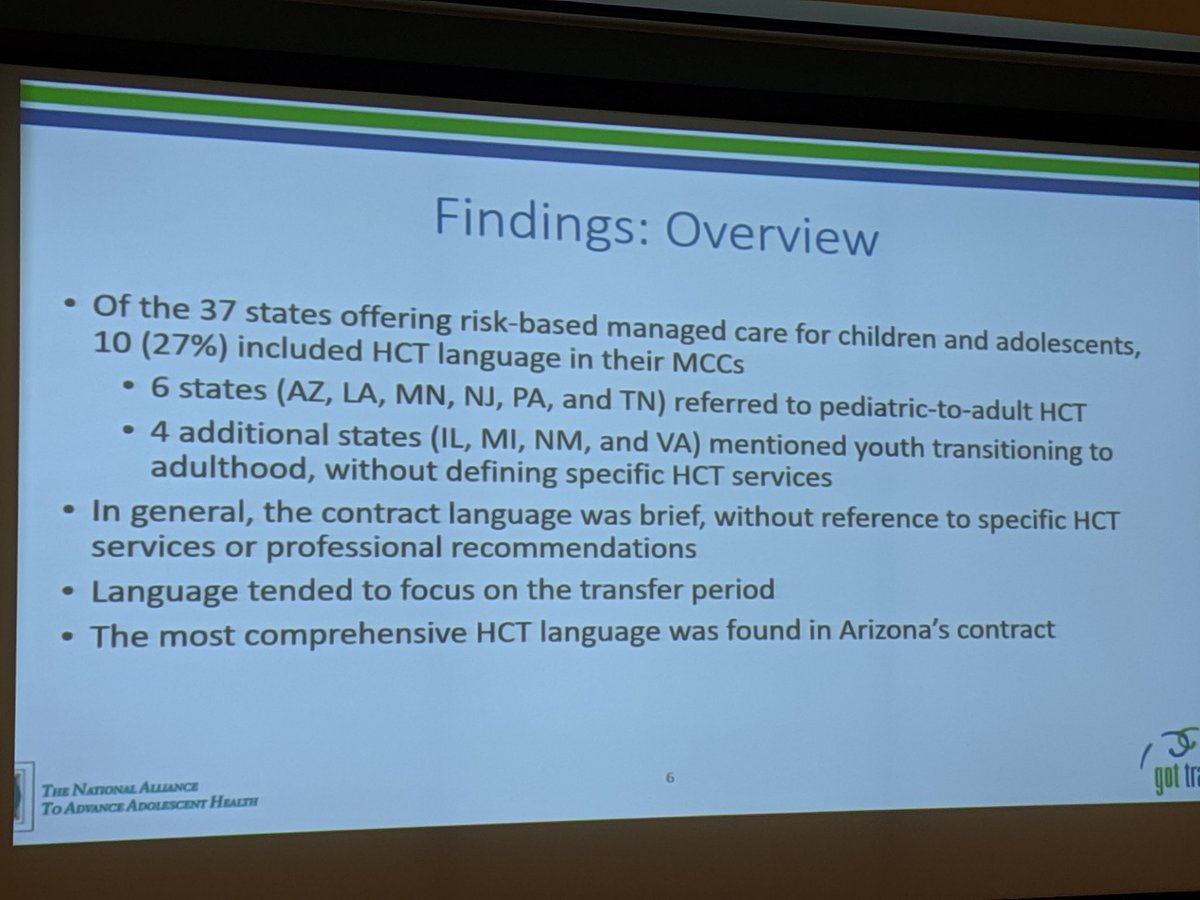 paikoiko's tweet photo. Anne Schmidt reviews pediatric-to-adult healthcare #transition language in #Medicaid managed care contracts. 10 states mention HCT. Arizona has the most descriptive provisions. #HCTRC @GotTransition2 https://t.co/kuki6RrVJ8