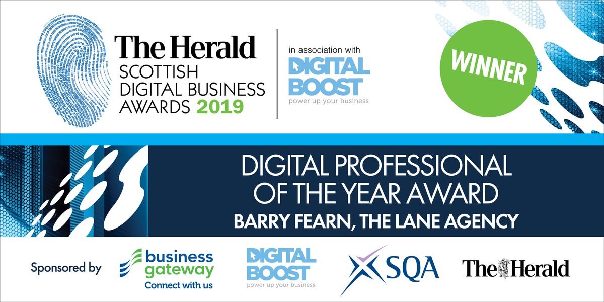 Well done to Barry Fearn, The Lane Agency who wins the Digital Professional of the Year Award at The Herald Scottish Digital Business Awards! 
#digibiz
