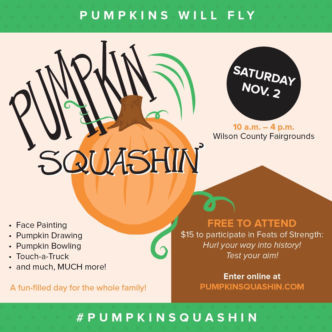 Ever wonder what happens to all the leftover pumpkins at the end of the Halloween season? Well, come on out to Pumpkin Squashin at the Wilson County Fairgrounds to find out! Link to the event is below! 👇👇
ow.ly/LVBw50wRbqQ
