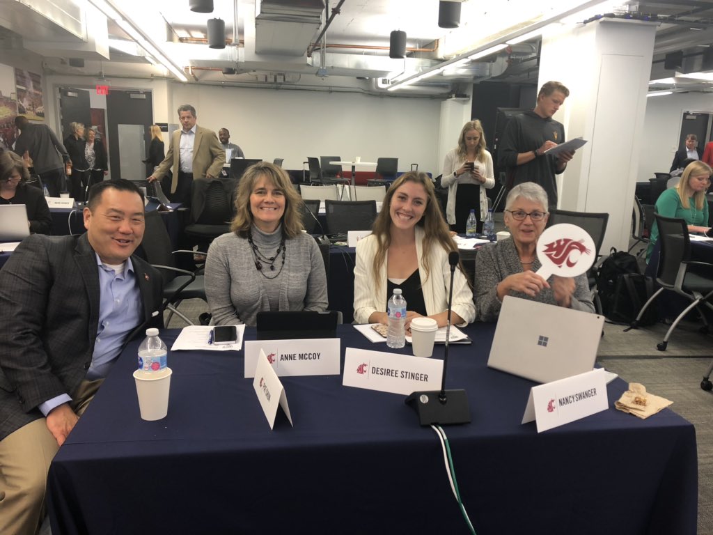 pat_chun's tweet photo. Two days of @pac12 Council Meetings in San Francisco. Proud to represent @WSUCougars with @WSUCougarXCTF student-athlete Desiree Stinger, @nswanger & Anne McCoy. Won’t disclose the name of the Huskie we had take our team photo! #GoCougs #UnleashWSU https://t.co/KN03ZGI04w