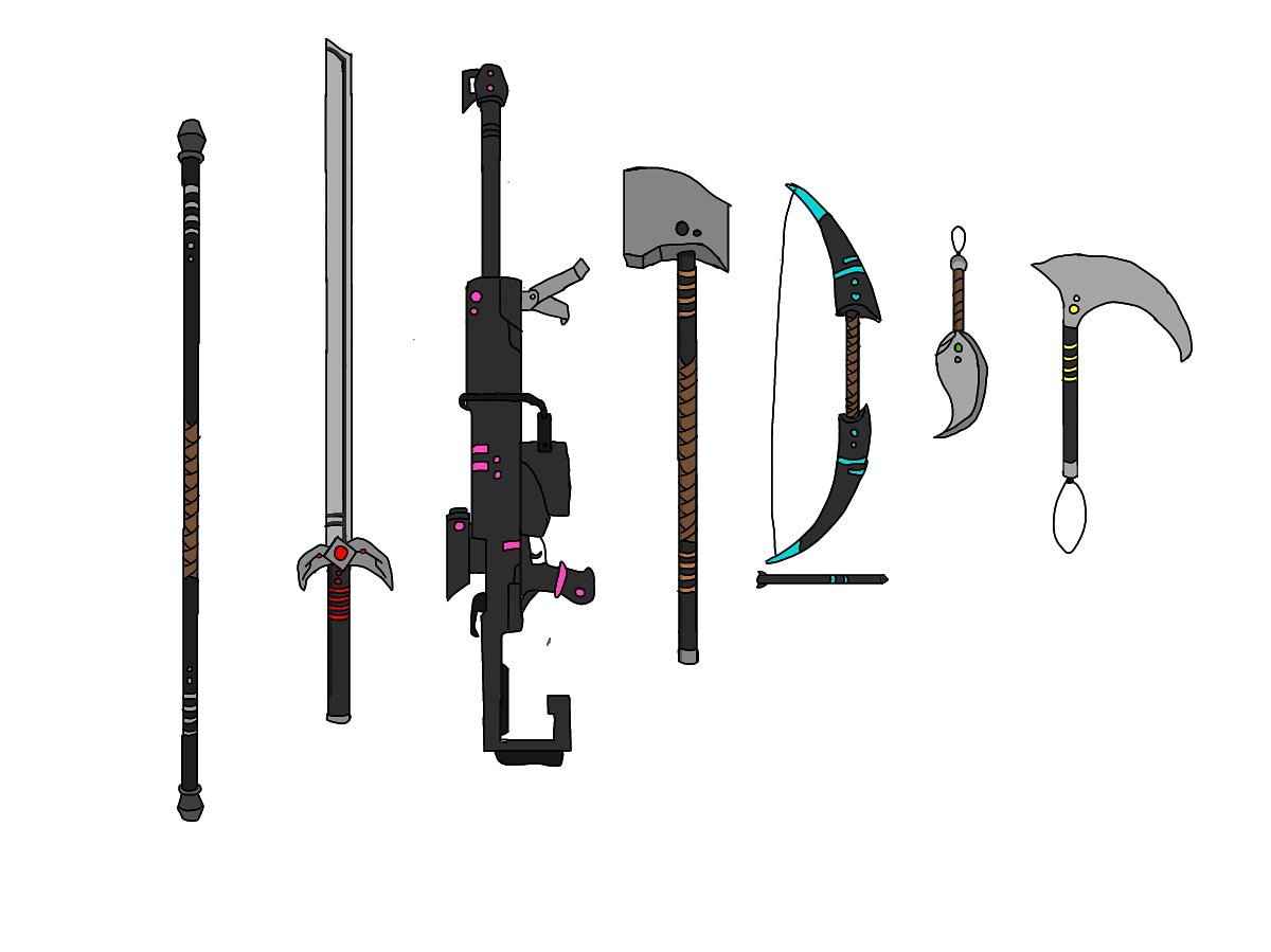 ElementalsGami1's tweet photo. The full armory for my series: The Elementals! #animearmory #animeweapons #animedrawing https://t.co/2O9VqA1LMM