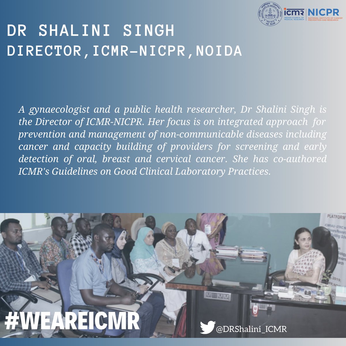 ICMRDELHI's tweet image. Meet Dr Shalini Singh, a gynecologist by training, who leads @NICPR_Noida ’s work on prevention and management of non-communicable diseases. @DrShalini_ICMR #WeAreICMR #HealthForAll  #UNTobaccoControl #SwasthaBharat @IndiaVsCancer