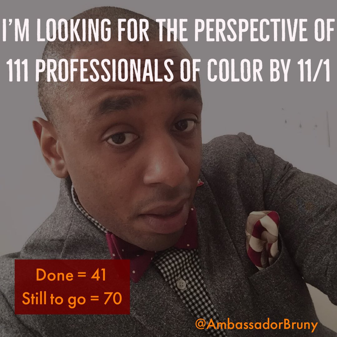 ambassadorbruny's tweet image. Working on 3 question survey to better understand some of the challenges faced by #ProfessionalsofColor in the workplace. Let me know if you know someone who should take the survey.