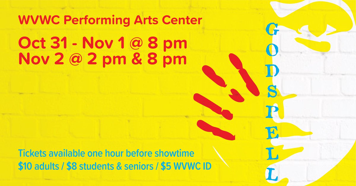 WVWCarts's tweet photo. WV Wesleyan Theatre &amp; Dance presents Godspell, a family-friendly setting of the Book of Matthew from 3-time Grammy and Academy Award winner, Stephen Schwartz. Oct 31 - Nov 1 @ 8 pm and Nov 2 @ 2 pm and 8 pm. Tickets at the door: $10 adults, $8 students &amp; seniors, $5 with WVWC ID. https://t.co/Fh2mUbANFq