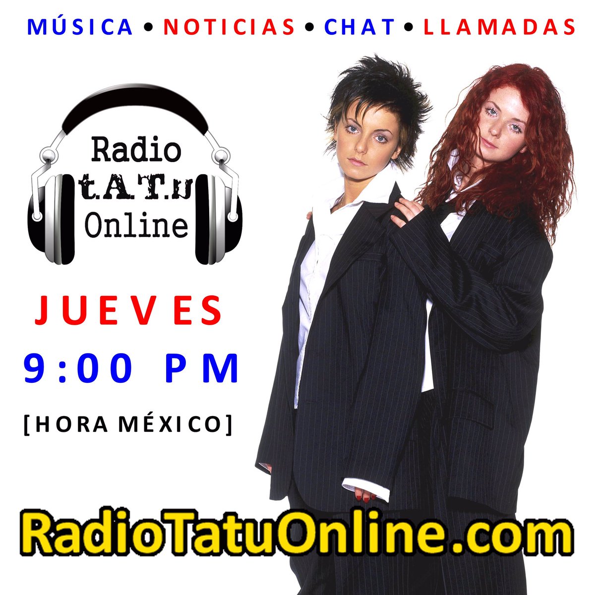 ¡Mañana es nuestro día!
JUEVES de #RadioTatuOnline
9:00 pm «hora de México»
RadioTatuOnline.com 

#tATu #JuliaVolkova #LenaKatina
#Тату #ЮляВолкова #ЛенаКатина