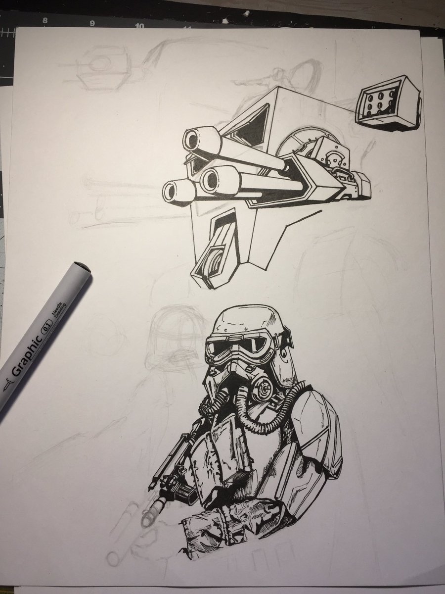 PaperPepon's tweet photo. Work In Progress....Star Wars Mud Trooper with an ATST MarkIII as scene in a Star Wars game (except with added rocket pods) pen drawing... #starwars #starwarsfanart #mudtrooper #atstwalker #penandinkart #sketching #coloringbookpage #scifiart #scifi #cyberpunk #Inktober https://t.co/VNDwishzay