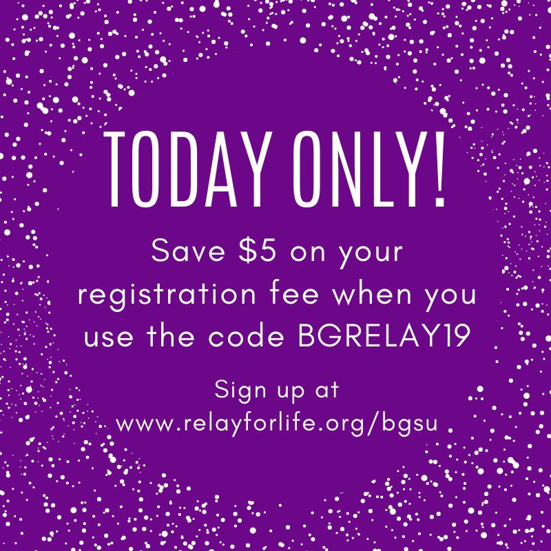 CACBGSU's tweet photo. Use the code BGRELAY19 to get $5 dollars off on registration for Relay for Life TODAY ONLY! Get your team and sign up to take advantage of this great deal! 

https://t.co/kjbVy2TZeG https://t.co/FazrtLaERL