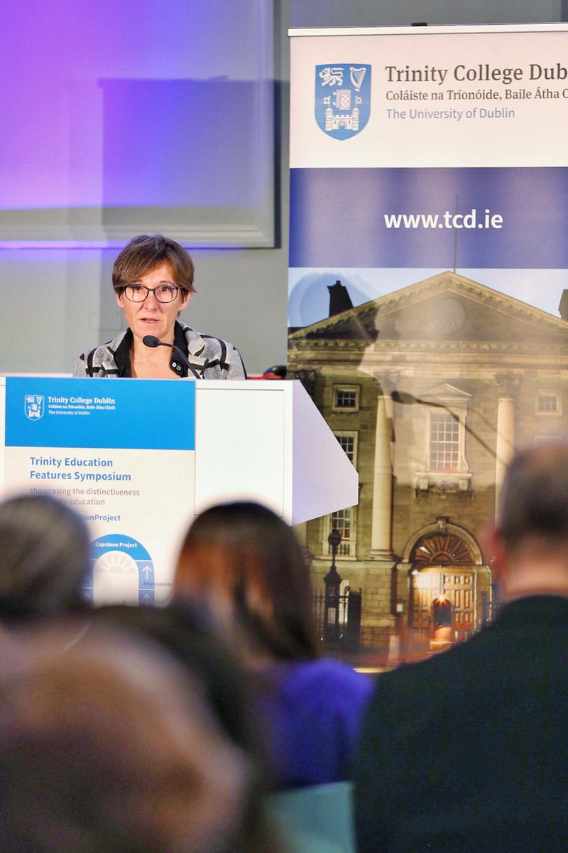 tcddublin's tweet photo. Recent graduates, staff & guest speakers discuss 3 features of the Trinity Education - Employability, Global Mobility & the Capstone Project #TrinityEducationProject #ThinkTrinity https://t.co/NGS2ZmvB6G