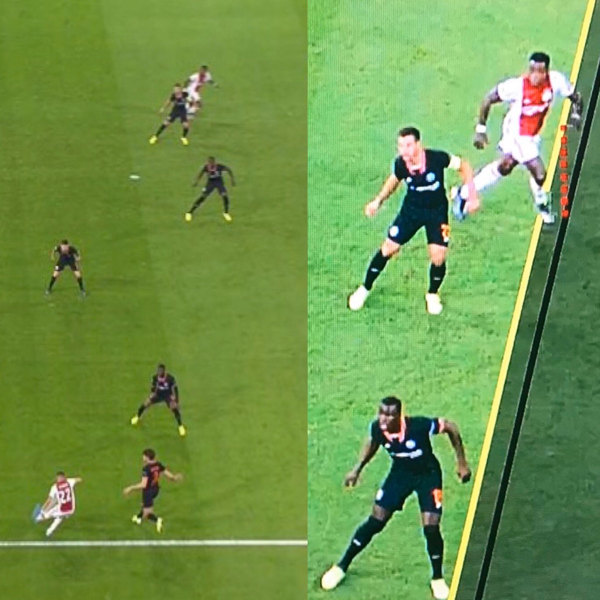 JoostHultink's tweet photo. #AJACHE @veronicainside Promes staat anders op het moment van spelen! Deze VAR is fout! Op moment spelen staan been achter, bij VAR naar voren! Gek! #VAR #CL #uefachampionsleague https://t.co/pn5lcKMdDA