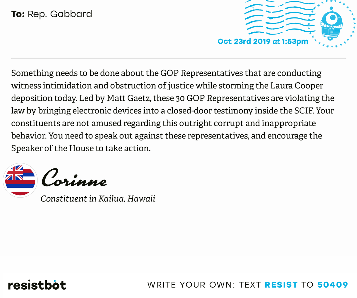openletterbot's tweet photo. I just delivered this letter from Corinne in Kailua, Hawaii to @TulsiPress #HIpols #HIpolitics #Resistbot https://t.co/h0jV5hiz6M
