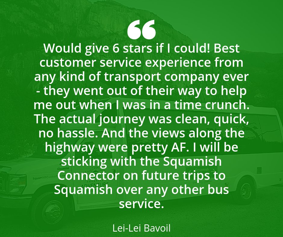 squamishconnect's tweet photo. We always appreciate hearing from happy customers! Thanks so much for sharing, Lei-Lei!
#Testimonial  #review #testimonial #customerservice  #squamishconnector #commute #vancouver #yvr #whistler #bus #squamishtovancouver https://t.co/JCoeF4MhYP