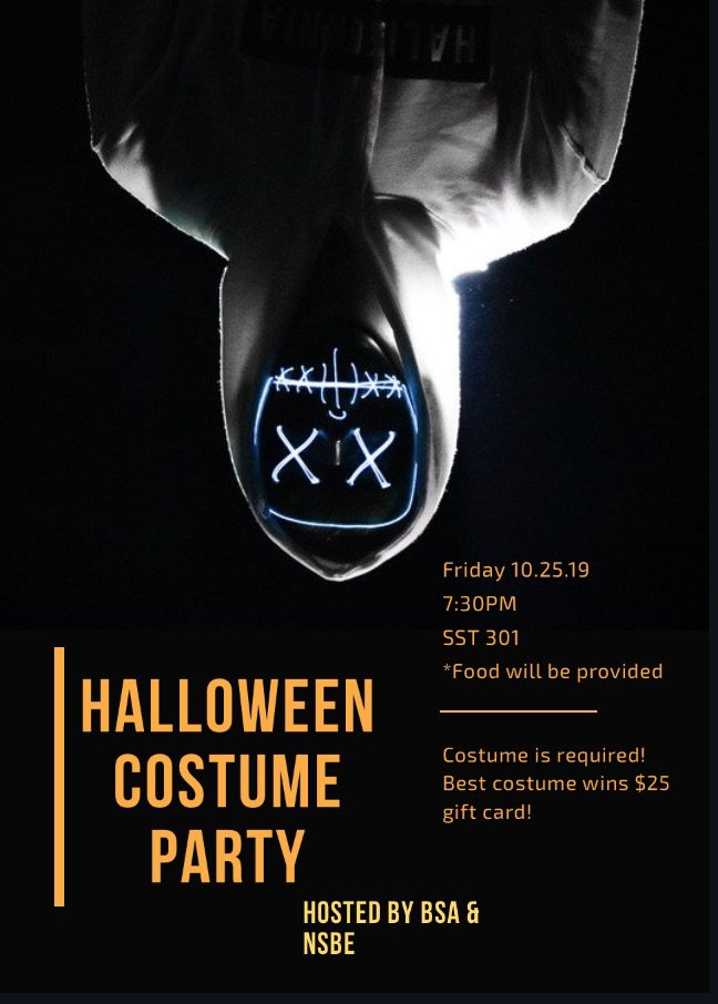 Nsbe_Uah's tweet photo. Want to show off your costume?! BSA &amp; NSBE are teaming up to present to you a Halloween Costume Party!! It'll be THIS FRIDAY, Oct.25th @ 7:30-9pm in SST 301! Costume required! See ya there!  👻🎃🤡 https://t.co/O7p9G9SG52
