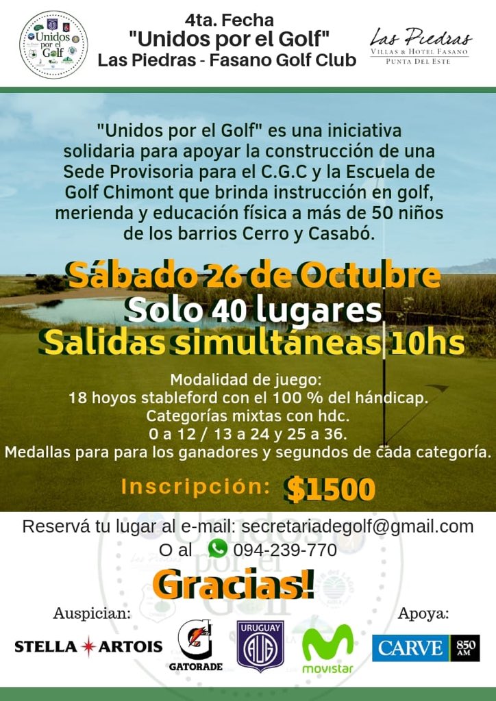 Buena oportunidad para disfrutar un excelente campo de golf y seguir colaborando con el Club de Golf del Cerro y la Escuela ChiMont.
Quedan pocos lugares, los esperamos amigos!