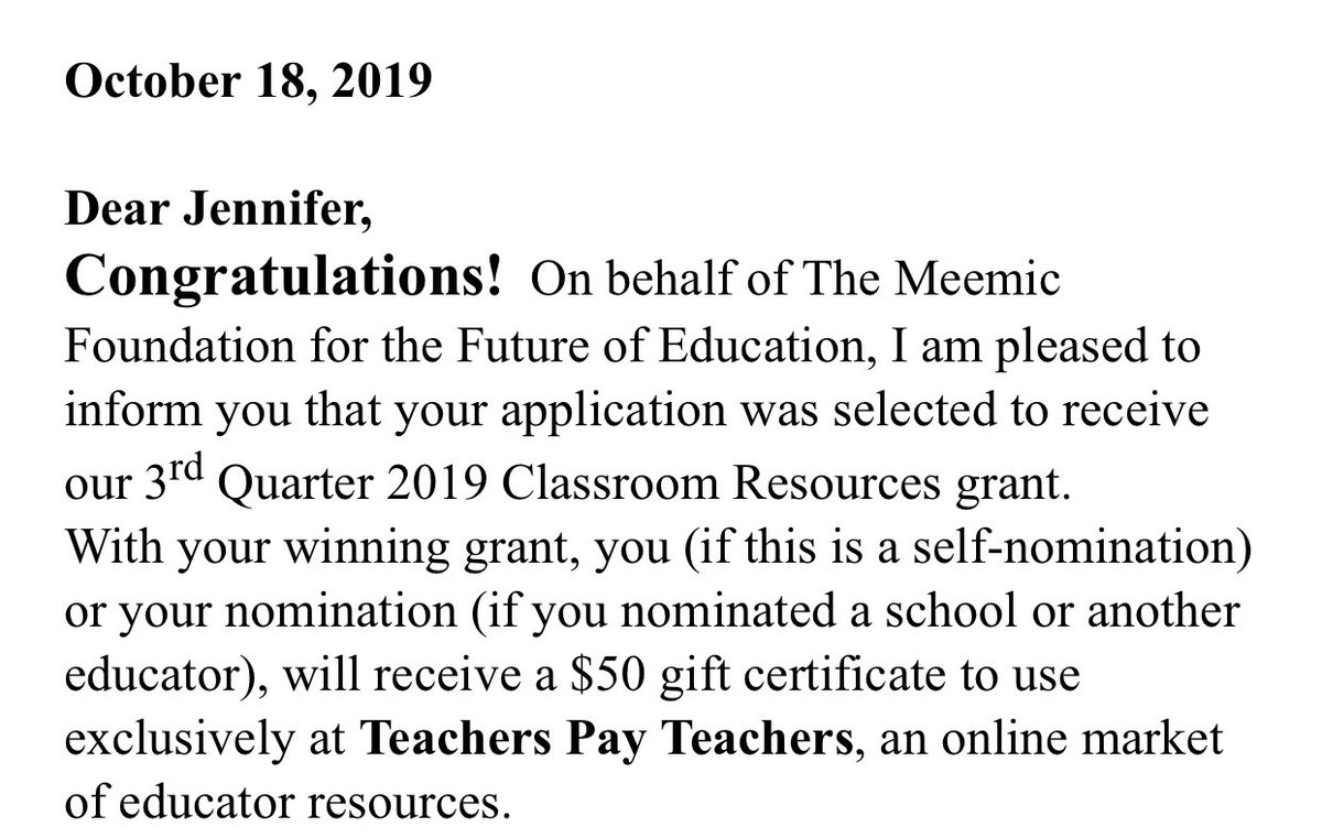 Jenntrask's tweet photo. Thank you @Meemic for the wonderful surprise!  I am so excited to receive a $50 gift certificate to @TpTdotcom! https://t.co/NN5xLEFwSx