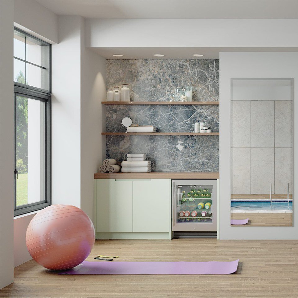 Look at this amazing #HomeGym equipped with a <a href="/LiebherrHomeUS/">Liebherr Appliances US/CA</a> #undercounter refrigerator! 💫 After your workout, #Liebherr makes it easy for quick access to healthy snacks 🥦🍇🥕and drinks💦! ✨