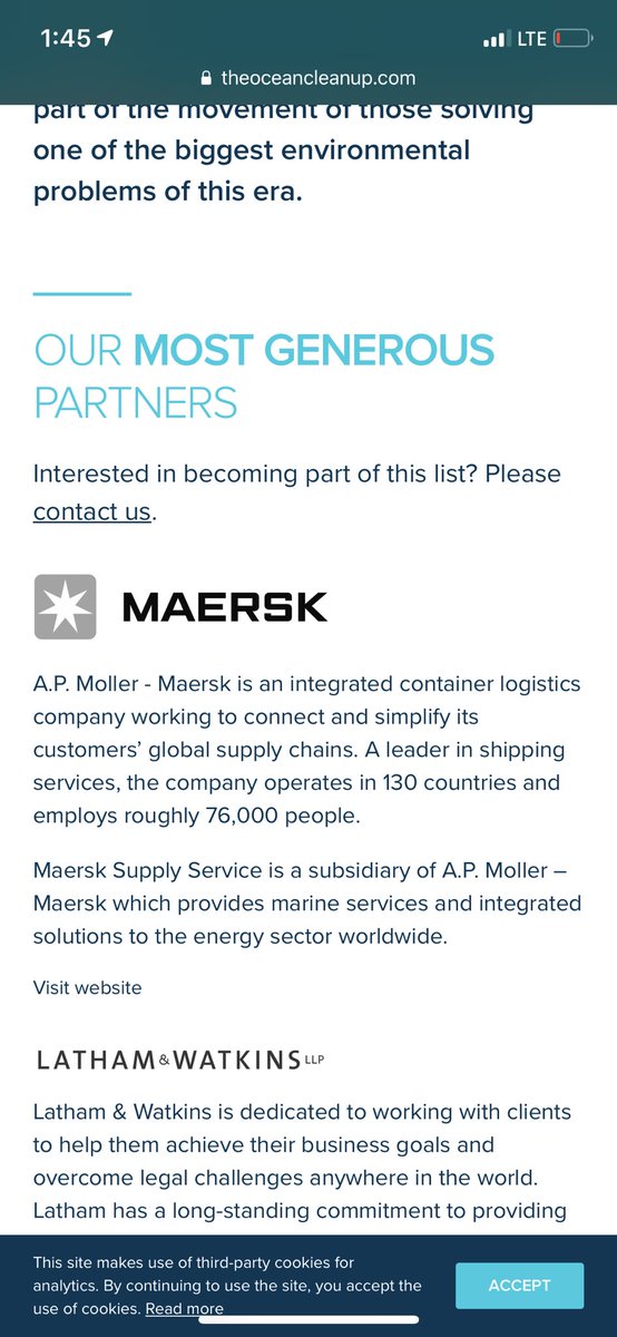 Ocean cleanup saying they are the top most generous partner on their website