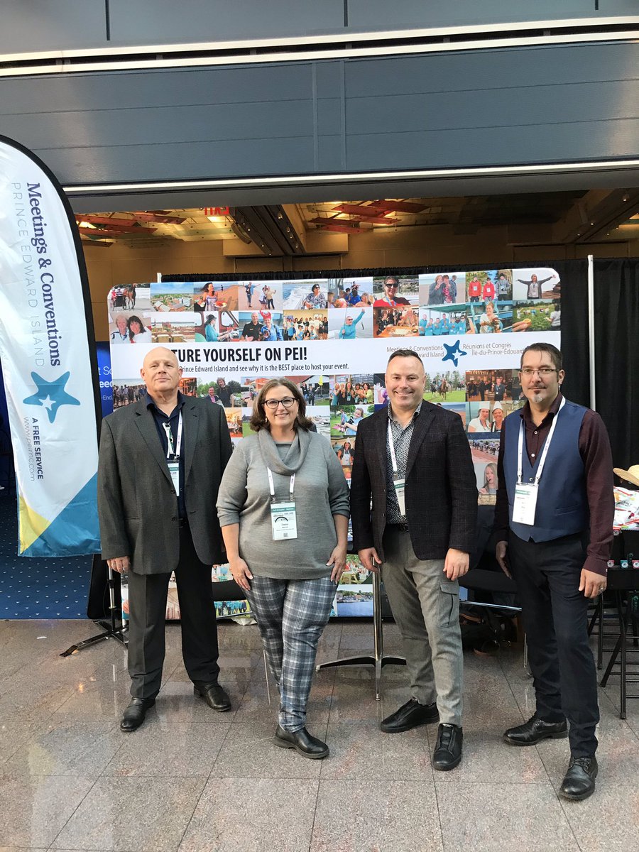 MeetPEI's tweet photo. The #meetinpei crew are ready to go at @csaeconnect! We have new members in the booth with @TreenaTmacleod this year with BLP Logistics Andrew and Mike and Wayne Long from the City of Charlottetown #PEI #CSAE2019 https://t.co/idLNitrhDL