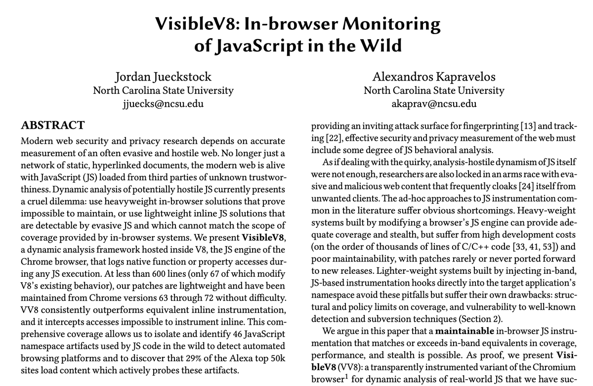 kapravel's tweet photo. Very proud to have Jordan present his first paper today at #IMC19 "VisibleV8: In-browser Monitoring
of JavaScript in the Wild"! Here are the highlights of our work and why you should use it in your next JS measurement project 1/6 https://t.co/ZT4vCCyh5B