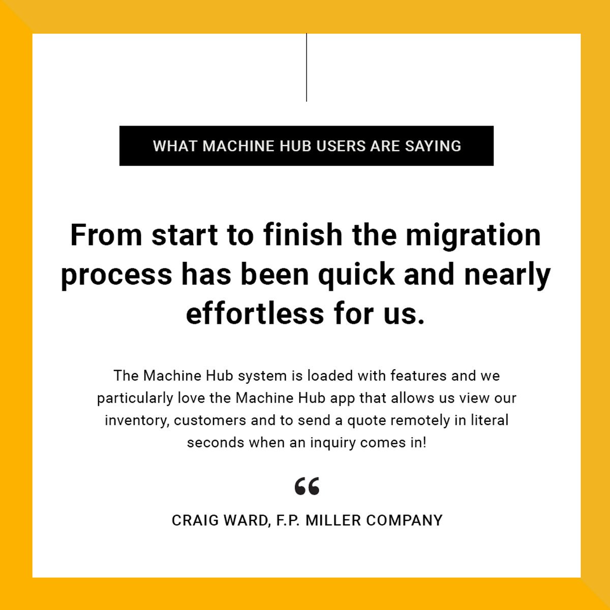 machine_hub's tweet photo. From start to finish, we make the onboarding process as easy as possible for the user. Don’t just take our word for it, read the testimonial below from F.P. Miller Company C.E.A. Craig Ward on his experience with Machine Hub. We appreciate the kind words, Craig. https://t.co/Jc5AkymAqE
