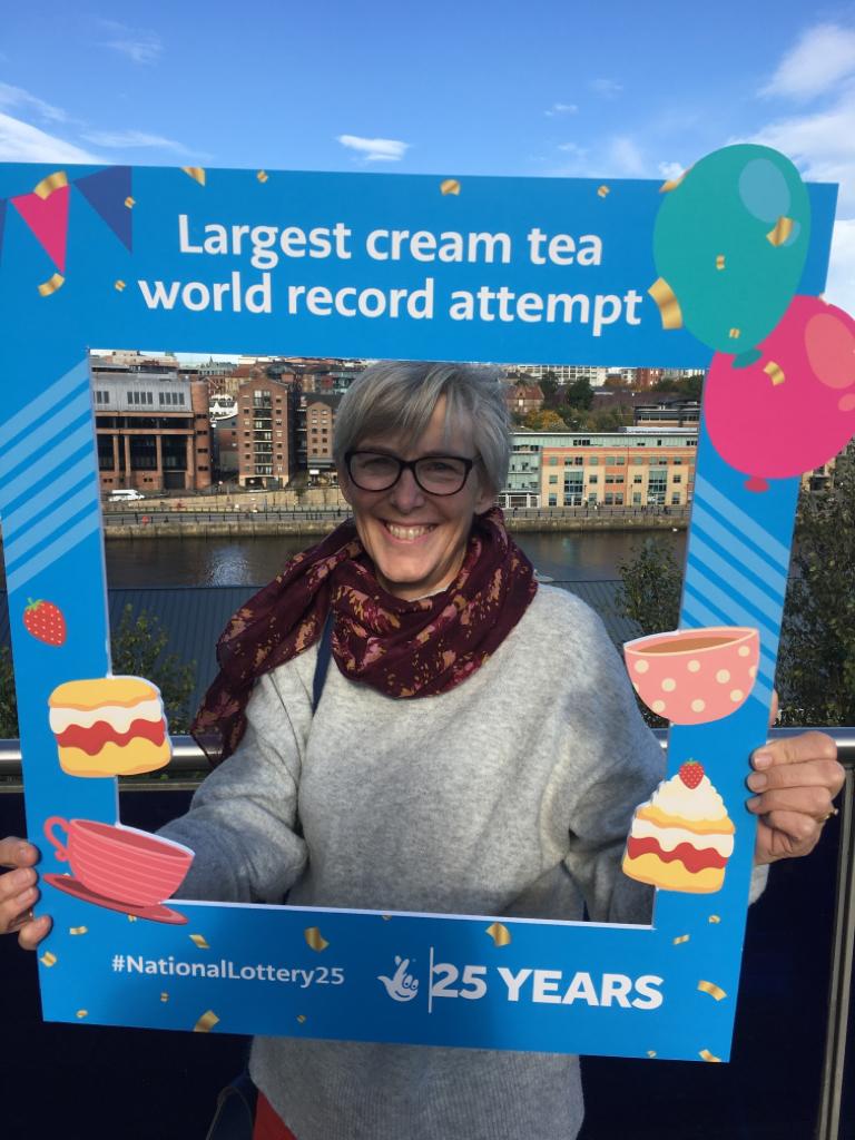 Representing Ramsey Neighbourhoods Trust our Phoenix Project Manager. Celebrating a NEW WORLD RECORD for the largest cream tea party with 1,053 other people in Gateshead today. 
#NationalLottery25 <a href="/TNLComFund/">The National Lottery Community Fund</a>