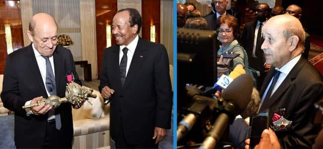 CMRNewsAgency's tweet photo. #Cameroon French Foreign Minister, Jean-Yves Le Drian was received and decorated by President Paul Biya at the Unity Palace. https://t.co/fptkhASMyC