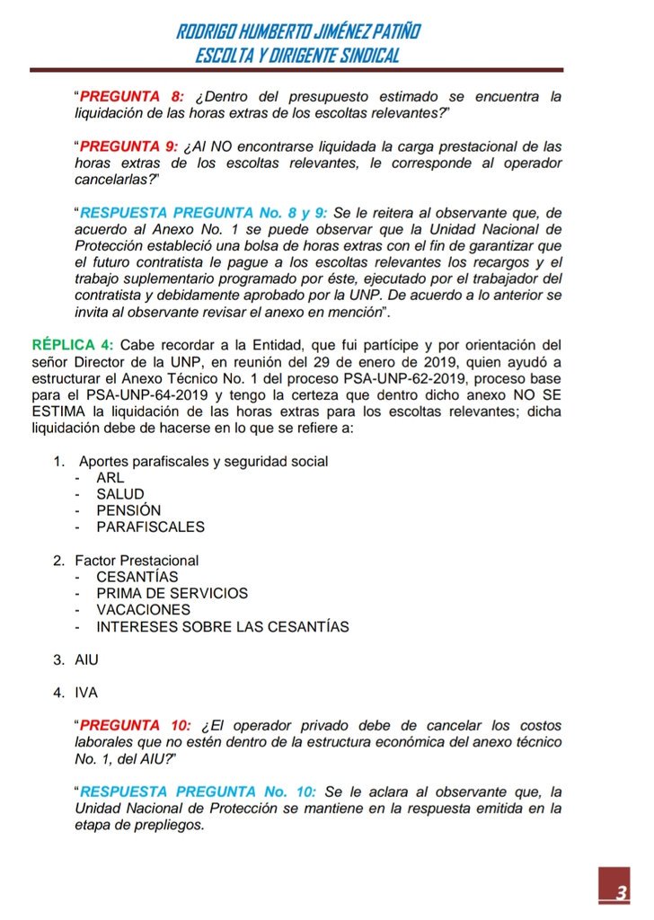 Presenté Réplica a las respuestas emitidas por <a href="/UNPColombia/">Unidad Nacional de Protección, UNP.</a> a los Pliegos Definitivos del proceso PSA-UNP-64-2019, como no voy a obtener respuesta las publico por este medio: <a href="/PGN_COL/">Procuraduría General de la Nación</a>
<a href="/fcarrilloflorez/">Fernando Carrillo F.</a> <a href="/CGR_Colombia/">Contraloría General de la República de Colombia</a> <a href="/pipecordoba/">Felipe Córdoba Larrarte</a>