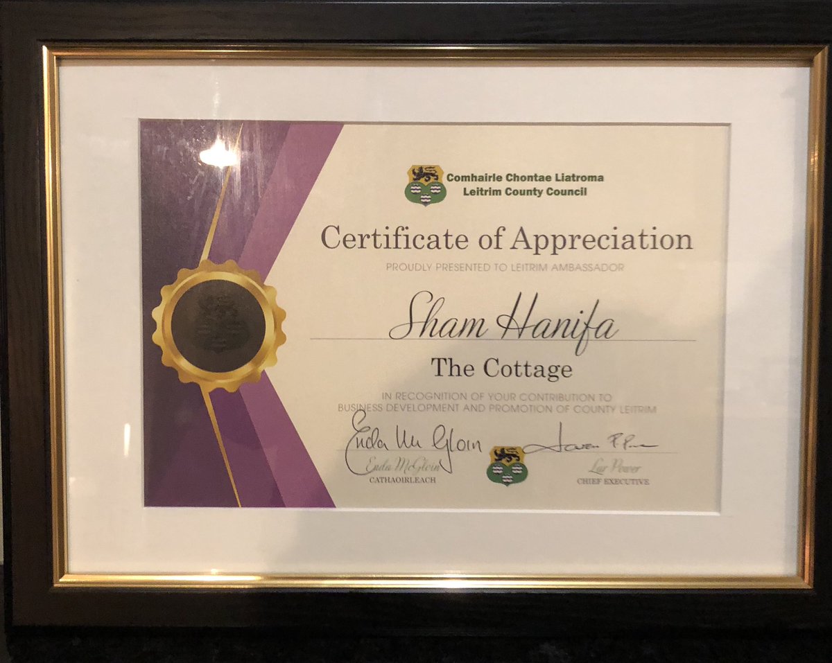I am delighted &amp; honoured to receive this certificate of appreciation from Leitrim County Council. Leitrim has been very good to me since I arrive here almost 20 years ago. I am very grateful for the opportunities that have come my way over that time and for help and support.