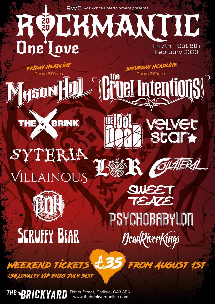 Mason Hill (@MasonHillBand) on Twitter photo 2019-10-23 19:36:49 We will be heading to @The_Brickyard Carlisle to headline @RockmanticWkdr on Fri the 7th February 2020. Tickets available from rwe.bigcartel.com or seetickets.com @TCIofficial @TheBrinkBand @TheIdolDead + many more We will be heading to @The_Brickyard Carlisle to headline @RockmanticWkdr on Fri the 7th February 2020. Tickets available from rwe.bigcartel.com or seetickets.com @TCIofficial @TheBrinkBand @TheIdolDead + many more
