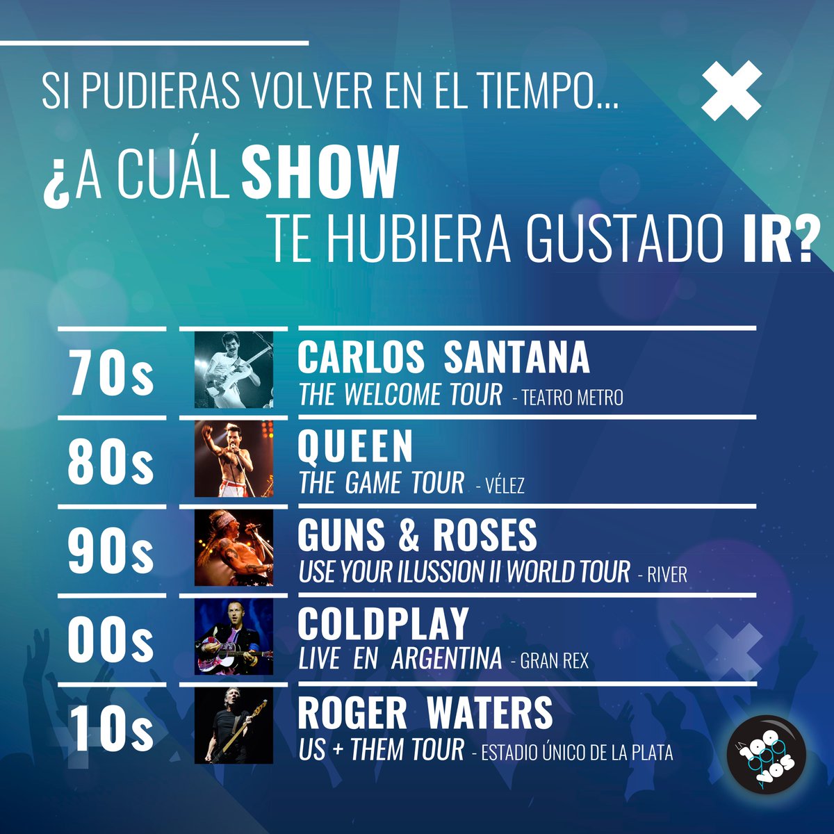 la100fm's tweet photo. 🔥 ¿Cuál show no te perderías si pudieras viajar en el tiempo una vez?  ⚡️ 🤘
#recitales #Music #Música #Radio #LaMúsicaPrimero #FirstMusic #Moremusic #Rock #SoloMúsica #JustMusic https://t.co/YLt0bFcbua