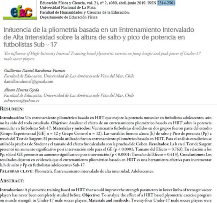 Es agrado comentar que estudio desarrollado por <a href="/G_ISAFYD_UDLA/">Grupo ISAFYD UDLA</a> y liderado por mi persona, junto a grandes colegas y amigos (<a href="/AlvaroHOjeda/">Álvaro Huerta Ojeda</a> y Sergio Galdames) acaba de salir publicado en Revista Argentina Educación Física y Ciencia. efyc.fahce.unlp.edu.ar/article/view/E…

<a href="/PefUdla/">Pedagogía en Educación Física UDLA</a> <a href="/UDLAInvestiga/">Investigación UDLA</a>