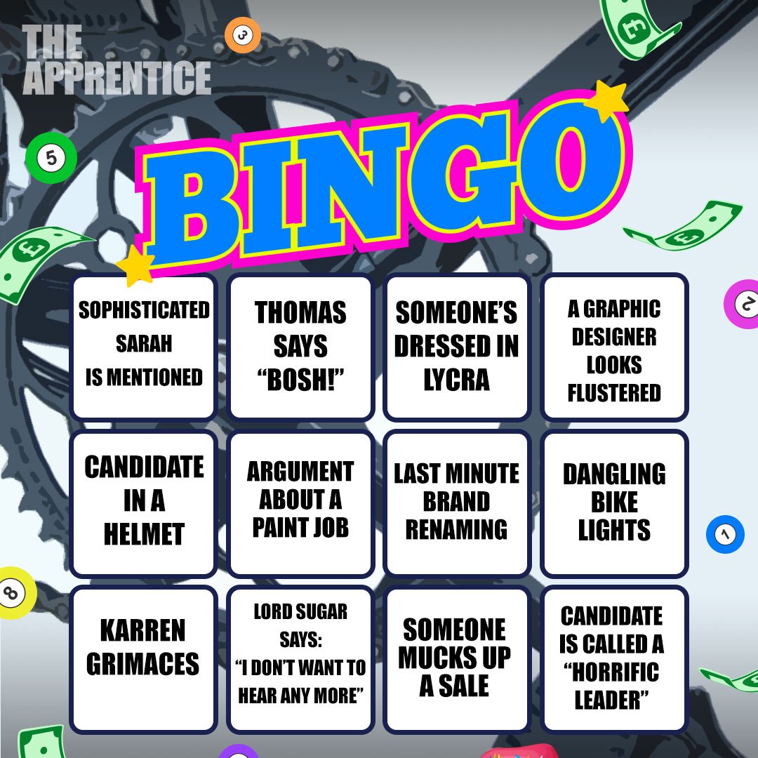bbcapprentice's tweet photo. Time for bicycle bingo. Saddle up and listen / watch out for all these things. They’re all in tonight’s show so get those markers ready ❌
#TheApprentice
#ApprenticeBingo https://t.co/rNParcYy0v