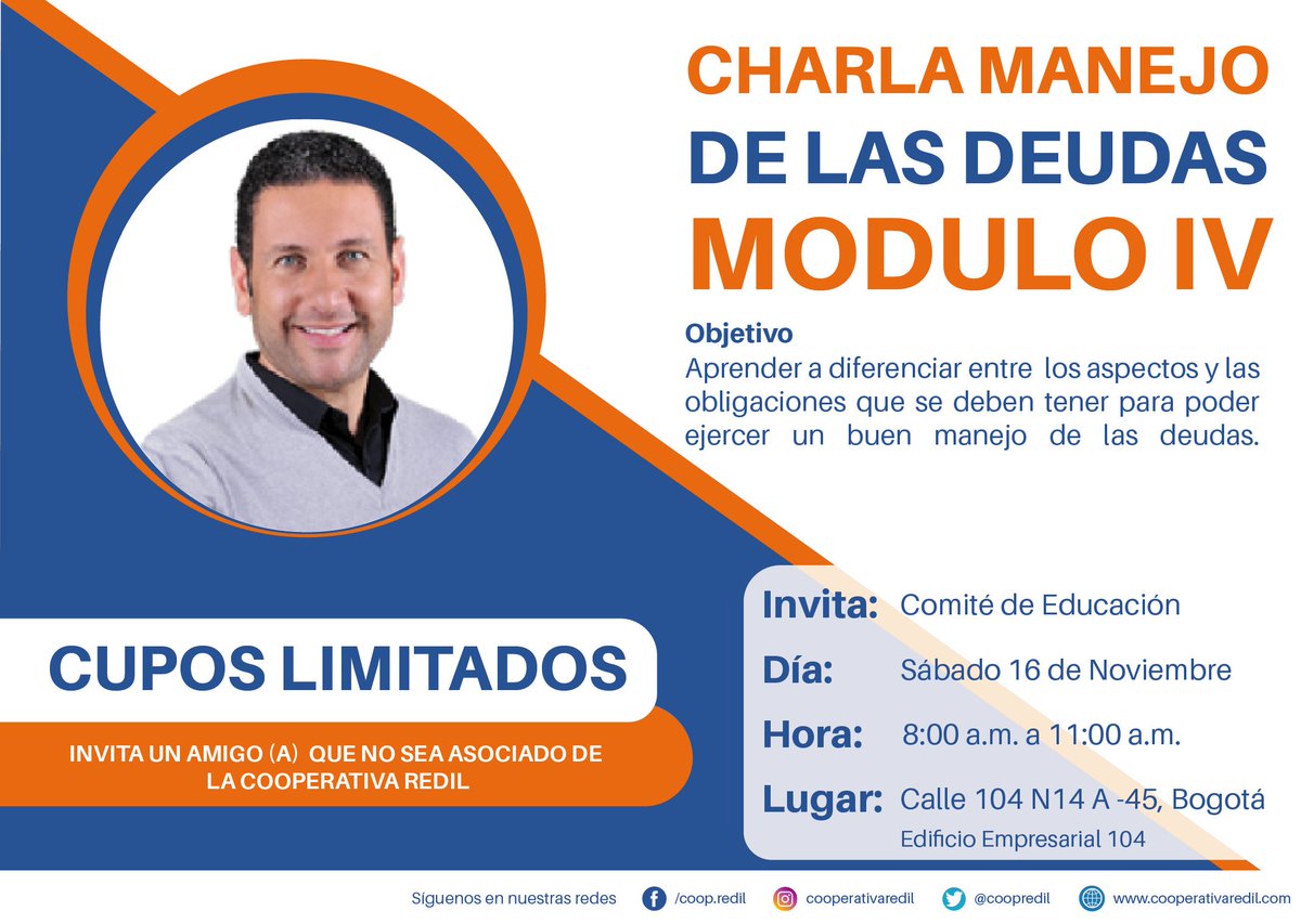 Si eres asociado a la Cooperativa, hemos preparado una Charla de Finanzas para este 16 de Noviembre en Bogotá, inscríbete en el siguiente Link cutt.ly/6ehFgnU, o llama al 7424950 ext 114.
#CooperativaRedil #Finanzas #Charla