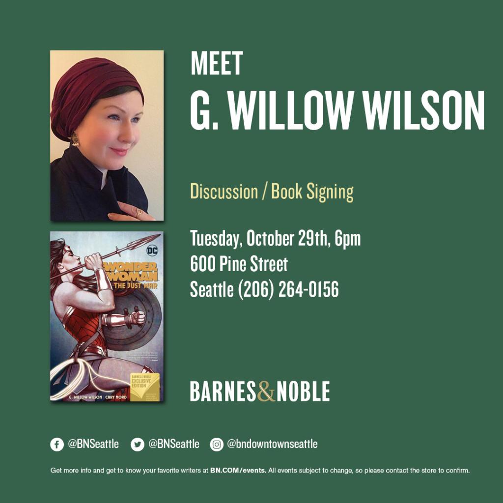 DCWonderWoman's tweet photo. Celebrate the release of WONDER WOMAN VOL. 1: THE JUST WAR on 10/29 with writer @GWillowWilson at @BNSeattle! https://t.co/5e2nMaRMXz
