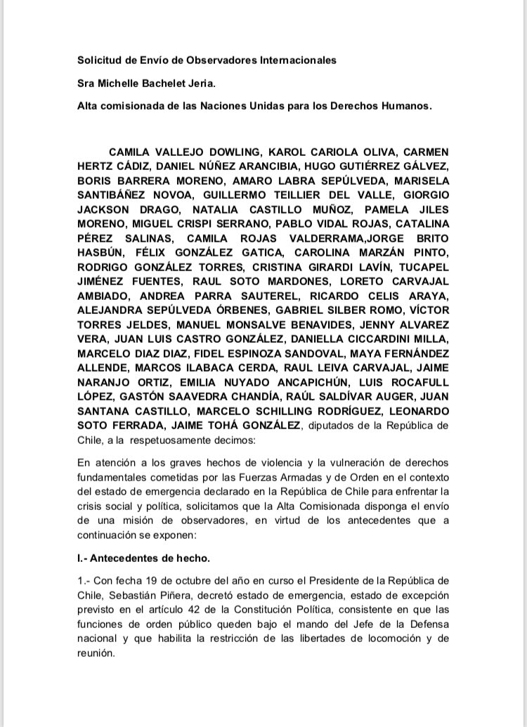 KarolCariola's tweet photo. Solicitamos a la Alta Comisionada d las Naciones Unidas @mbachelet el envío urgente de Observadores Internacionales, de manera de protejer los derechos y libertades d la ciudadanía que están siendo violados por el gobierno del Presidente @sebastianpinera #ChileViolatesHumanRights https://t.co/Sw3m9BS2fu