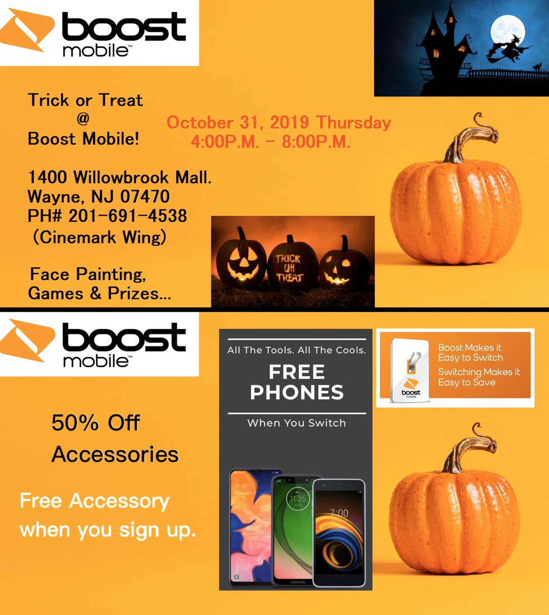 4_0kiosk's tweet photo. Trick or Treat With Amazing Wireless at 1400 Willowbrook Mall. Wayne NJ 07470 #BoostMobile #HyperlinkUSA #AmazingWireless https://t.co/iXaj6R2kOL