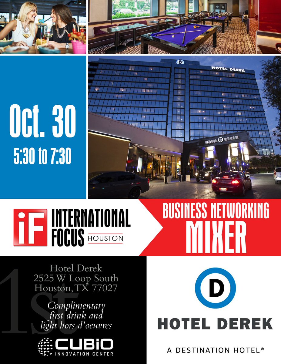 CUBIO is teaming up with iF Magazine and Hotel Derek to host a business networking mixer! A complimentary first drink and light hors d'oeuvres will be offered to all attendees. No registration fee. ow.ly/FtQ150wSusZ
