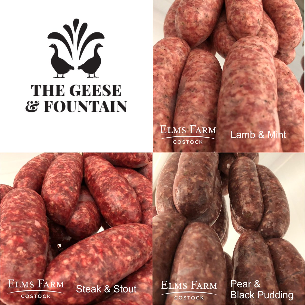 Not long now until <a href="/Geese_Fountain/">The Geese & Fountain</a> Traditional Cider and Sausage Festival.

Elms Farm’s line up:

1. Lamb &amp; Mint
2. Steak &amp; Stout
3. Pear &amp; Black Pudding

It’s been a hard, but we’ve rigorously tested each sausage combo with plenty of cider. Now we’re struggling to stand up 😂