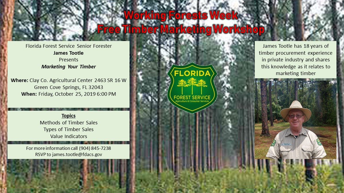 FFS_Jax's tweet photo. In honor of Working Forests Week, join Jacksonville Forester Jim Tootle for a FREE timber Marketing Workshop to help forest landowners better understand the value of their timber. @FLForestService @FLForestryAssoc #Workingforestsweek https://t.co/NqIscNJwOZ