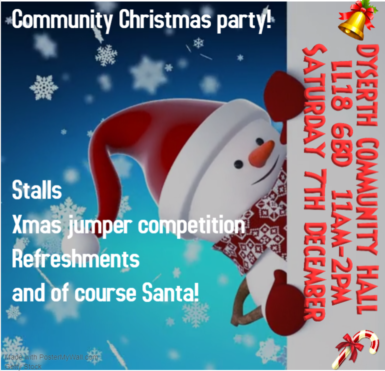 CommHallDyserth's tweet photo. Date for your diary: 7th December.  Don't forget your Xmas jumper! 🤶🎅🎄🎁🥂 https://t.co/VeZILAcgAG