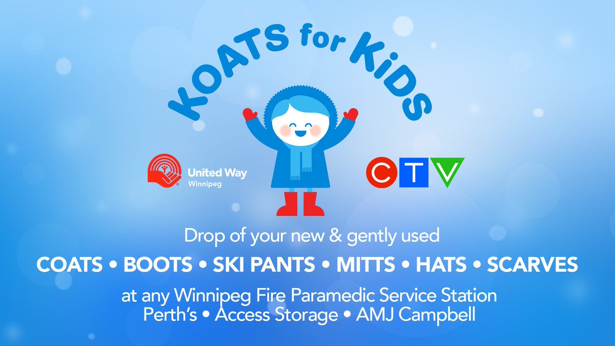 UnitedWayWpg's tweet photo. Last year's boots don't fit? Koats for Kids needs them now! Drop off your new or gently-used kid's winter gear at any Winnipeg Fire Paramedic Service Station, Perth's, @AccessStorageCA or @amjcampbell. Thank you for keeping Winnipeg kids warm! 🥶❄️ https://t.co/bwXEenLSD0